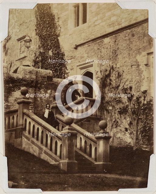 Man and Woman Standing on Exterior Stairs, c1870. Creator: Francis Edmund Currey.