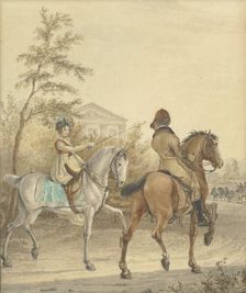 Man and a woman on horseback on a country road, 1802. Creator: Johannes Vinkeles