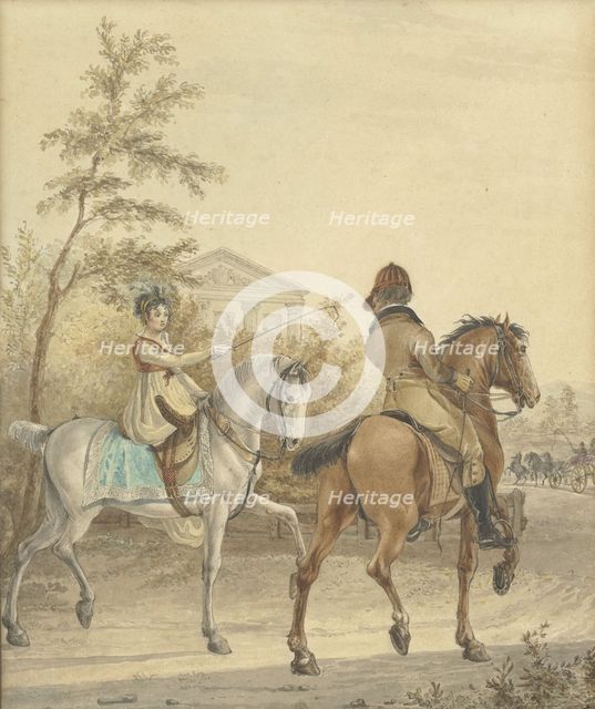 Man and a woman on horseback on a country road, 1802. Creator: Johannes Vinkeles.