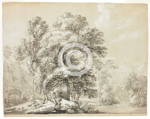 Man and Dog Seated Below Trees by River, n.d. Creator: Paul Sandby.