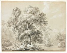 Man and Dog Seated Below Trees by River, n.d. Creator: Paul Sandby
