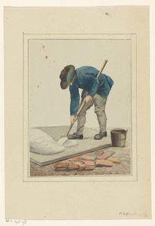 Man busy mixing lime, 1700-1800. Creator: Anon