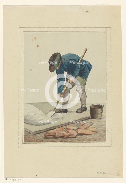 Man busy mixing lime, 1700-1800. Creator: Anon.