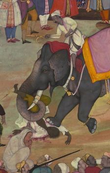 Man being trampled by an elephant - folio from the Akbarnama, late 10th century AH/AD 16th century. Creator: Unknown