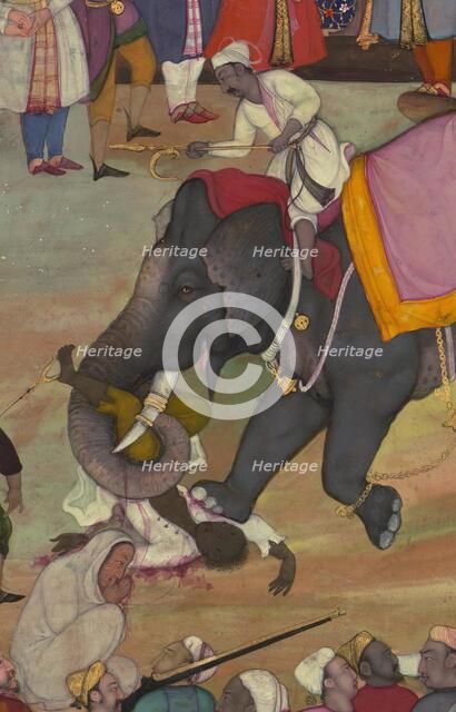 Man being trampled by an elephant - folio from the Akbarnama, late 10th century AH/AD 16th century.  Creator: Unknown.