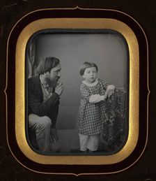[Man Calming a Young Boy Posing before the Camera], ca. 1850. Creator: Unknown