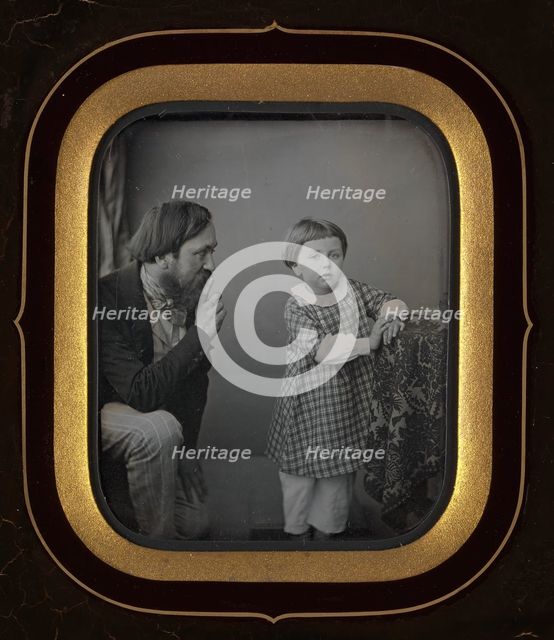 [Man Calming a Young Boy Posing before the Camera], ca. 1850. Creator: Unknown.