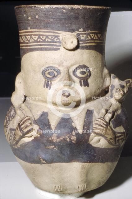 Man Carrying a Llama, Painted pottery vase, Chancay, Peru, 1000-1470. Artist: Unknown.