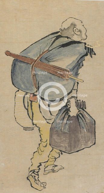 Man carrying back-pack and lantern, late 18th-early 19th century. Creator: Hokusai.