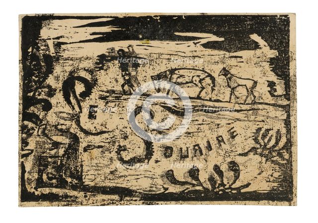 Man Carrying Bananas Followed by Two Horses, headpiece for Le sourire, 1900. Creator: Paul Gauguin.