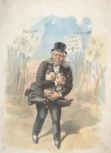 Man Clutching Moneybags While Banks Collapse, late 19th-early 20th century. Creator: Emmanuel Wyttenbach
