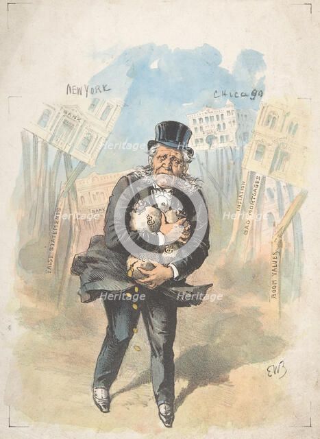 Man Clutching Moneybags While Banks Collapse, late 19th-early 20th century. Creator: Emmanuel Wyttenbach.