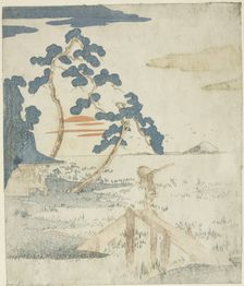 Man Crossing a Bridge as the Sun Rises, from an untitled edition (without poetry) of the..., c. 1830 Creator: Utagawa Kuniyoshi