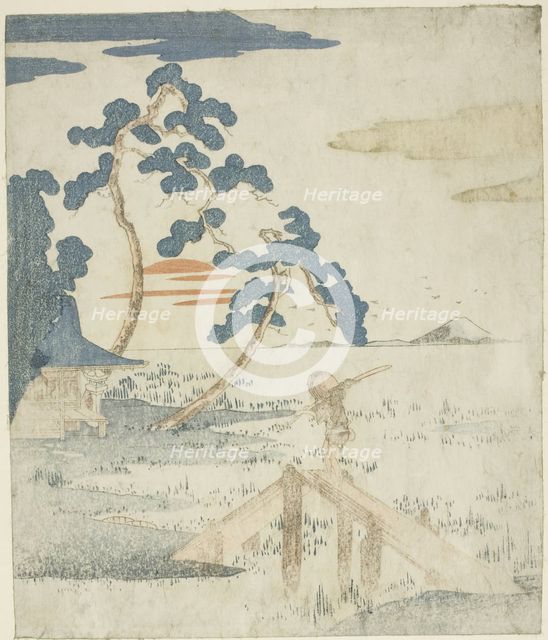 Man Crossing a Bridge as the Sun Rises, from an untitled edition (without poetry) of the..., c. 1830 Creator: Utagawa Kuniyoshi.