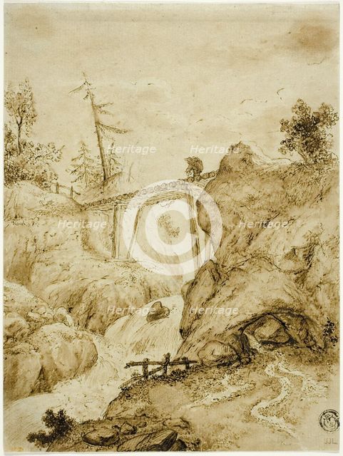 Man Crossing Log Bridge over Torrent, n.d. Creator: Jan van Eyck.
