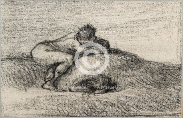Man crouching on a Hillock, 1848-1850. Artist: Jean Francois Millet.