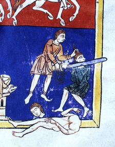 Man decapitating the enemy detail of the scene The Siege of Jerusalem (c.597 b.C) by the troop…