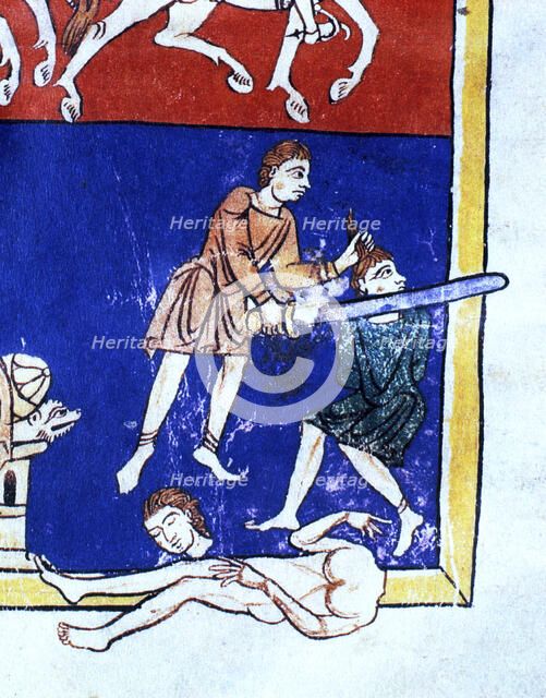 Man decapitating the enemy', detail of the scene 'The Siege of Jerusalem (c.597 b.C) by the troop…