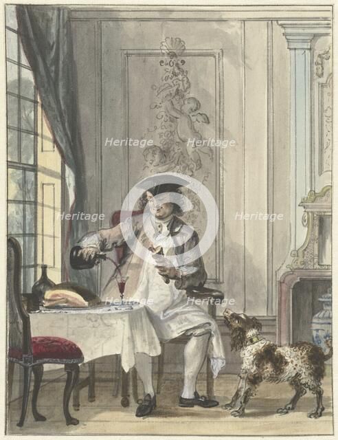 Man dining with a glass of wine and a joint of meat, 1706-1750. Creator: Cornelis Troost.