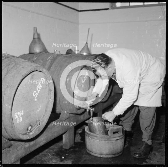 Man drawing a sample of beer from a barrel, Burton upon Trent, Staffordshire, 1965-1968. Creator: Eileen Deste.