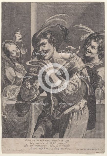 Man drinking soup while two people watch him, 1624-75. Creator: Pierre Daret.