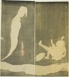 Man Falling Backward, Startled by a Woman's Ghost over a River, Japan, c. 1782. Creator: Shunsho