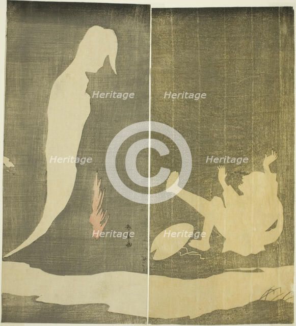 Man Falling Backward, Startled by a Woman's Ghost over a River, Japan, c. 1782. Creator: Shunsho.