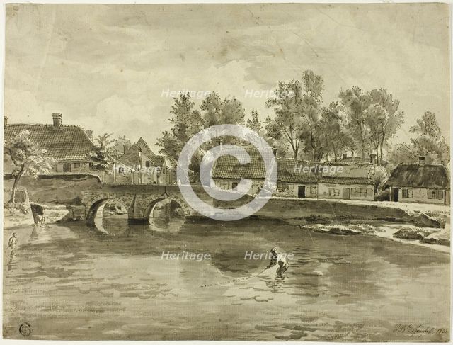 Man Fishing in River Near Village, 1832. Creator: Jan Baptiste de Jonghe.