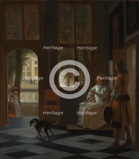 Man Handing a Letter to a Woman in the Entrance Hall of a House, 1670. Creator: Pieter de Hooch.