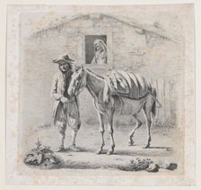 Man Holding a Mule before a House, early 19th century., early 19th century. Creator: Anon
