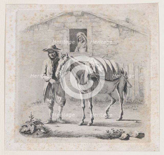 Man Holding a Mule before a House, early 19th century., early 19th century. Creator: Anon.