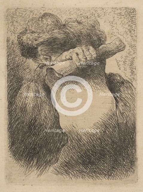 Man holding a scroll in front of his face, from the series of 'Small Heads in Orien..., ca. 1645-50. Creator: Giovanni Benedetto Castiglione.