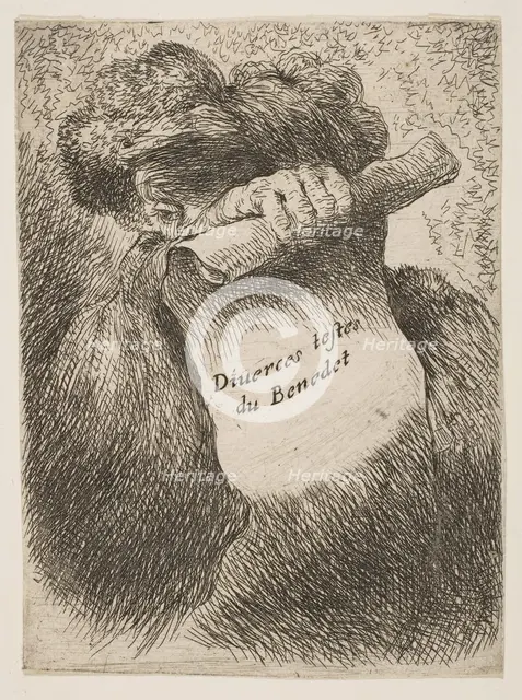 Man holding a scroll in front of his face, from the series of 'Small Heads in Ori..., ca. 1645-1650. Creator: Giovanni Benedetto Castiglione.