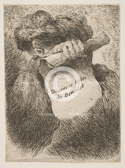 Man holding a scroll in front of his face, from the series of 'Small Heads in Ori..., ca. 1645-1650. Creator: Giovanni Benedetto Castiglione.