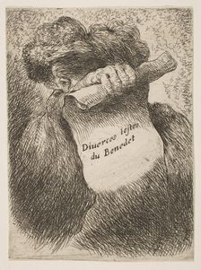 Man holding a scroll in front of his face, from the series of Small Heads in Ori..., ca. 1645-1650. Creator: Giovanni Benedetto Castiglione