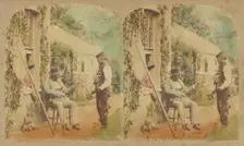 Man holding fishing pole seated, another man standing holding potted plant, dog..., 1857-1859. Creator: William Morris Grundy