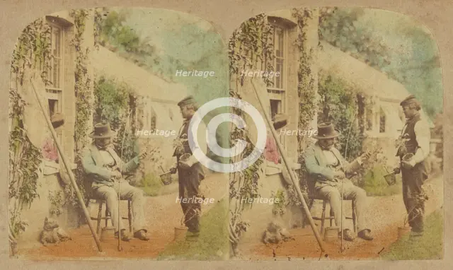Man holding fishing pole seated, another man standing holding potted plant, dog..., 1857-1859. Creator: William Morris Grundy.