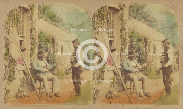 Man holding fishing pole seated, another man standing holding potted plant, dog..., 1857-1859. Creator: William Morris Grundy.