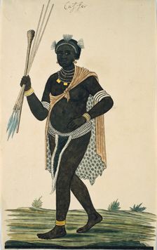 Man holding three assegais and a knobkerrie, 1776-1795. Creator: Robert Jacob Gordon
