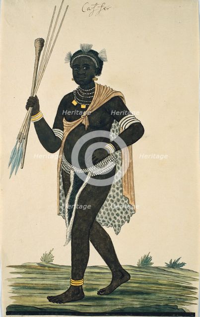 Man holding three assegais and a knobkerrie, 1776-1795. Creator: Robert Jacob Gordon.