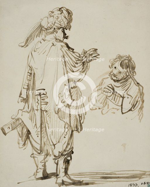 Man in oriental costume gesturing to a kneeling man. Creator: Rembrandt Harmensz van Rijn.