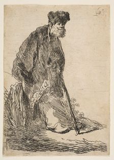 Man in a Coat and Fur Cap Leaning against a Bank, ca. 1630. Creator: Rembrandt Harmensz van Rijn
