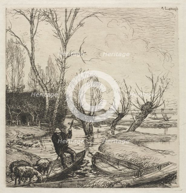 [Man in a Boat with Three Sheep]. Creator: Auguste Louis Lepère (French, 1849-1918).