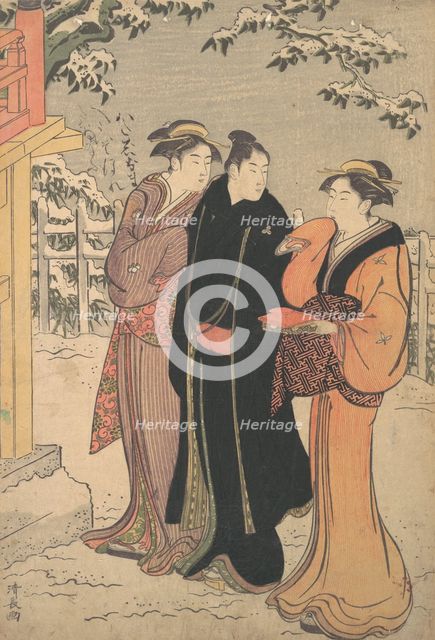 Man in a Black Haori (Coat) and Two Women Approaching a Temple. Creator: Torii Kiyonaga.