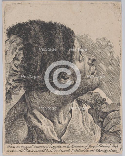 Man in a fur hat holding a musket, looking upwards; after Giovanni Battista Piazzetta, 1770-1780. Creator: James Bretherton.