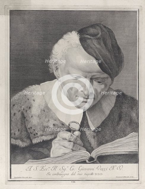 Man in a hat reading a book with a magnifying glass, 1743.  Creator: Giovanni Cattini.