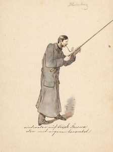 Man in a long military coat with a stick, 1850-1860. Creator: Friedrich Carl von Scheidlin