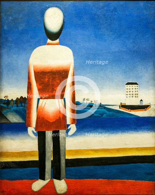 Man in a suprematist landscape, c1930-1931. Creator: Malevich, Kasimir Severinovich (1878-1935).