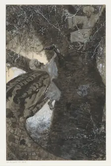 Man in a tree is grabbed by a snake, 1910 or earlier. Creator: Louwerse, H.C.