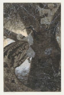 Man in a tree is grabbed by a snake, 1910 or earlier. Creator: Louwerse, H.C.